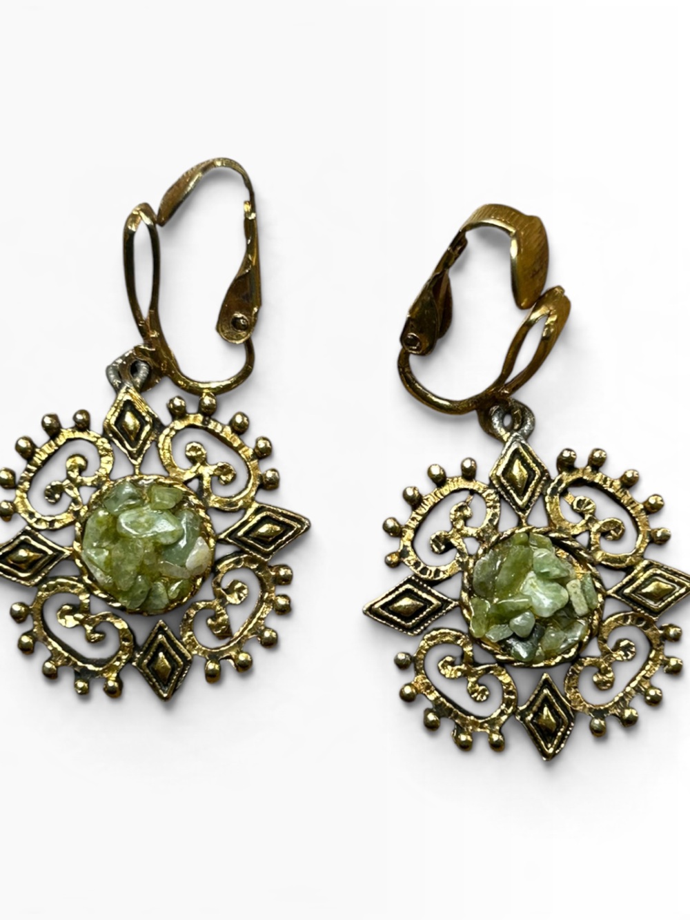Gold-Tone Filigree Green Chip Mosaic Dangle Clip-On Earrings